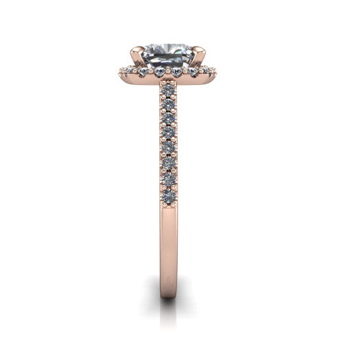 Birdie cushion halo engagement ring in 18K Rose Gold, side profile showing the pav&eacute; band and the filigree gallery in profile