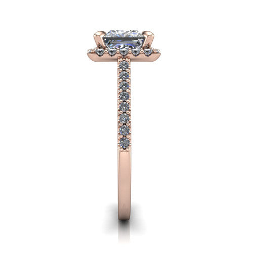 Birdie princess halo engagement ring in 18K Rose Gold, side profile showing the pav&eacute; band and the filigree gallery in profile