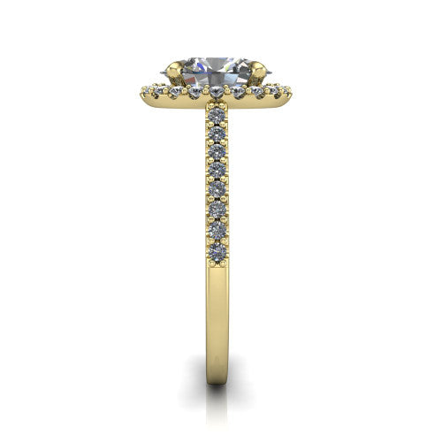 Birdie oval halo engagement ring in 14K Yellow Gold, through-finger front profile showing the filigree scroll under-gallery beneath the halo head