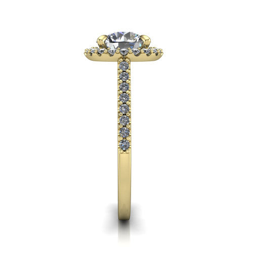 Birdie round halo engagement ring in 14K Yellow Gold, side profile showing the pav&eacute; band and the filigree gallery in profile