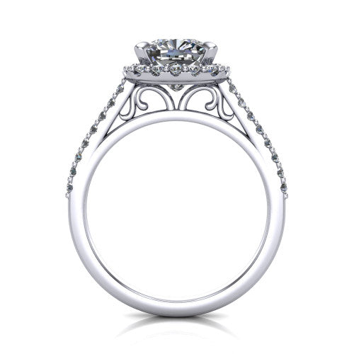 Birdie cushion halo engagement ring in Platinum, through-finger front profile showing the filigree scroll under-gallery beneath the halo head