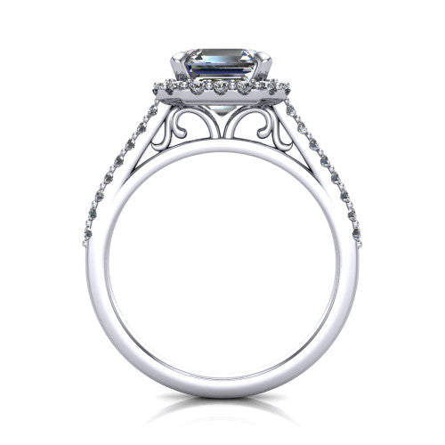 Birdie square emerald halo engagement ring in Platinum, through-finger front profile showing the filigree scroll under-gallery beneath the halo head