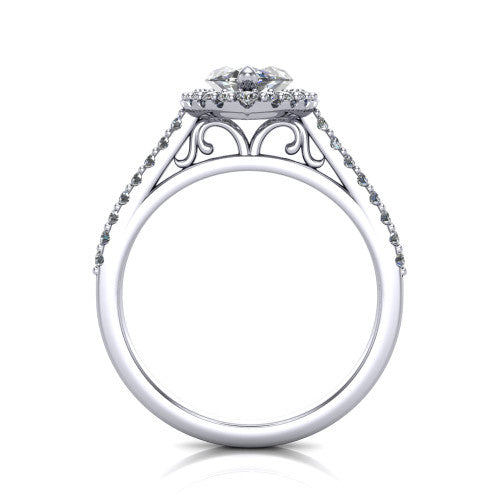 Birdie marquise halo engagement ring in Platinum, through-finger front profile showing the filigree scroll under-gallery beneath the halo head