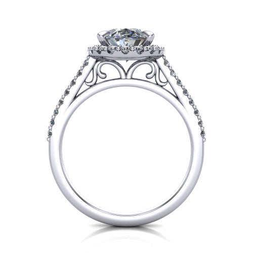 Birdie oval halo engagement ring in 18K White Gold, through-finger front profile showing the filigree scroll under-gallery beneath the halo head