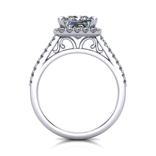 Birdie princess halo engagement ring in Platinum, through-finger front profile showing the filigree scroll under-gallery beneath the halo head