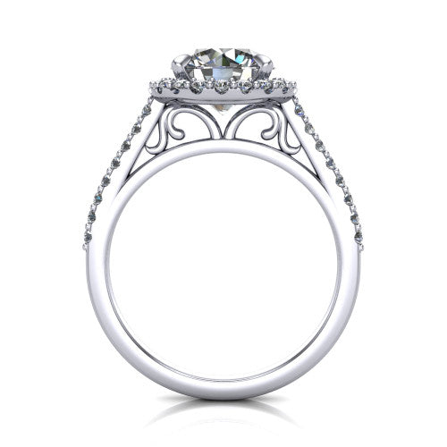 Birdie round halo engagement ring in 18K White Gold, through-finger front profile showing the filigree scroll under-gallery beneath the halo head