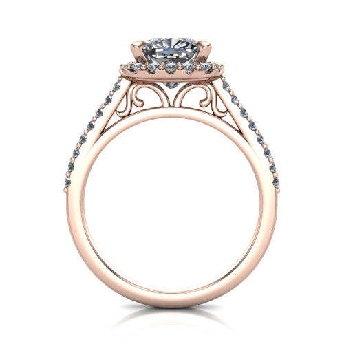 Birdie cushion halo engagement ring in 14K Rose Gold, through-finger front profile showing the filigree scroll under-gallery beneath the halo head
