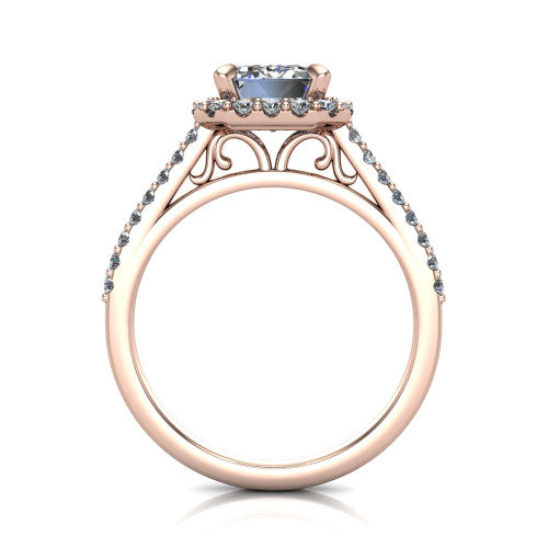 Birdie emerald halo engagement ring in 18K Rose Gold, through-finger front profile showing the filigree scroll under-gallery beneath the halo head