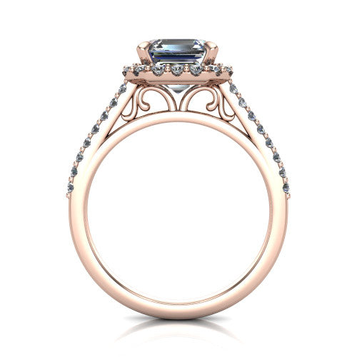Birdie square emerald halo engagement ring in 18K Rose Gold, through-finger front profile showing the filigree scroll under-gallery beneath the halo head