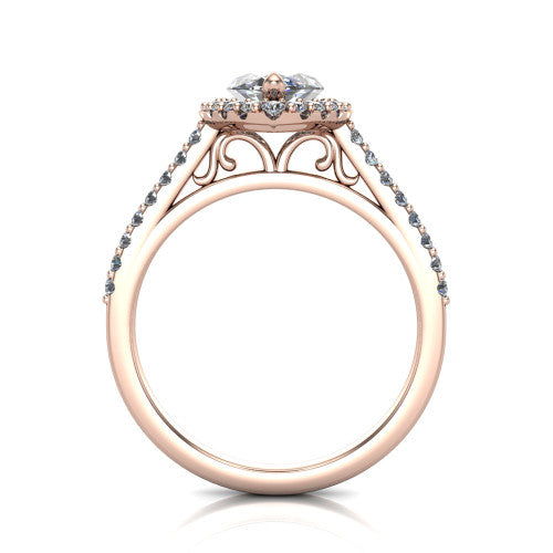 Birdie marquise halo engagement ring in 14K Rose Gold, through-finger front profile showing the filigree scroll under-gallery beneath the halo head