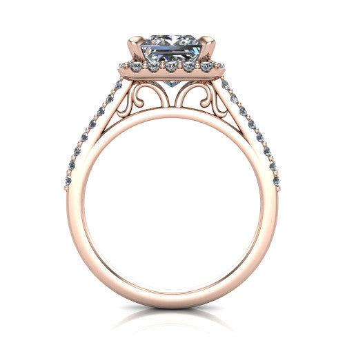 Birdie princess halo engagement ring in 18K Rose Gold, through-finger front profile showing the filigree scroll under-gallery beneath the halo head