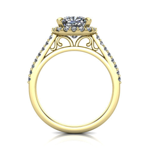 Birdie cushion halo engagement ring in 14K Yellow Gold, through-finger front profile showing the filigree scroll under-gallery beneath the halo head