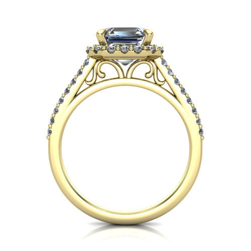Birdie square emerald halo engagement ring in 18K Yellow Gold, through-finger front profile showing the filigree scroll under-gallery beneath the halo head