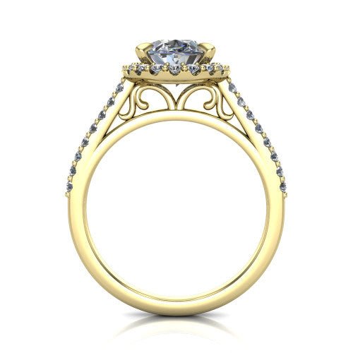 Birdie oval halo engagement ring in 18K Yellow Gold, side profile showing the pav&eacute; band and the filigree gallery in profile