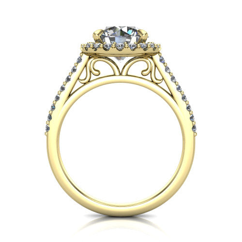 Birdie round halo engagement ring in 14K Yellow Gold, through-finger front profile showing the filigree scroll under-gallery beneath the halo head