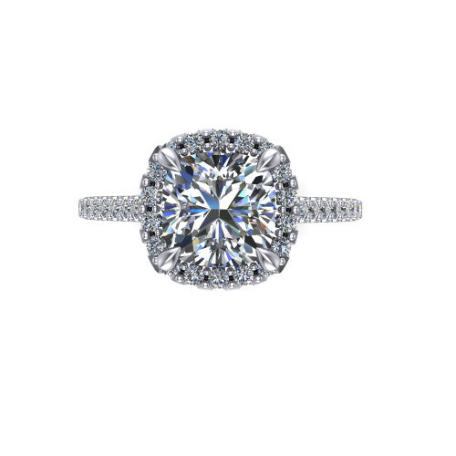 Birdie cushion halo engagement ring in 14K White Gold, top-down view showing the center framed by a cushion pav&eacute; halo with compass prongs
