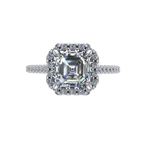 Birdie square emerald halo engagement ring in Platinum, top-down view showing the center framed by a square pav&eacute; halo with compass prongs