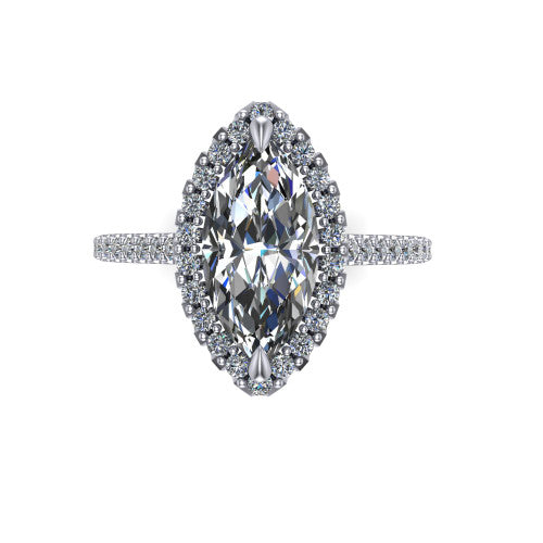 Birdie marquise halo engagement ring in 14K White Gold, top-down view showing the center framed by a marquise pav&eacute; halo with compass prongs