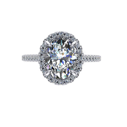 Birdie oval halo engagement ring in 14K White Gold, top-down view showing the center framed by a oval pav&eacute; halo with compass prongs