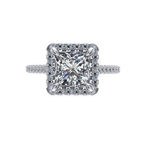 Birdie princess halo engagement ring in 14K White Gold, top-down view showing the center framed by a square pav&eacute; halo with compass prongs