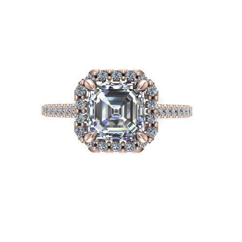 Birdie square emerald halo engagement ring in 14K Rose Gold, top-down view showing the center framed by a square pav&eacute; halo with compass prongs
