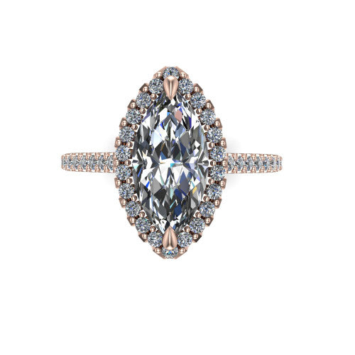 Birdie marquise halo engagement ring in 14K Rose Gold, top-down view showing the center framed by a marquise pav&eacute; halo with compass prongs