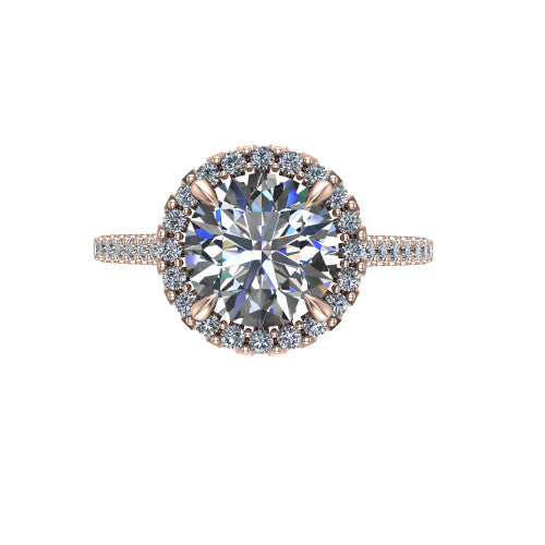 Birdie round halo engagement ring in 14K Rose Gold, top-down view showing the center framed by a round pav&eacute; halo with compass prongs