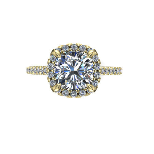 Birdie cushion halo engagement ring in 18K Yellow Gold, top-down view showing the center framed by a cushion pav&eacute; halo with compass prongs