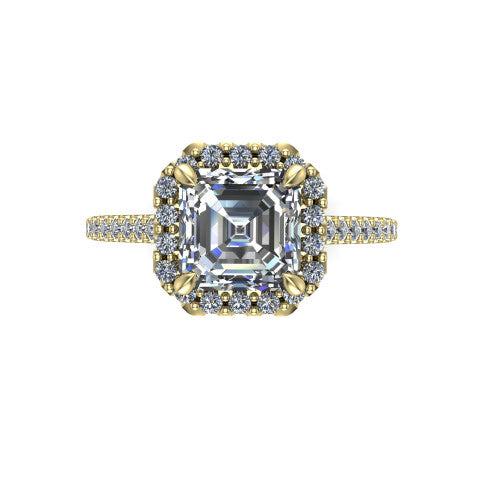 Birdie square emerald halo engagement ring in 18K Yellow Gold, top-down view showing the center framed by a square pav&eacute; halo with compass prongs