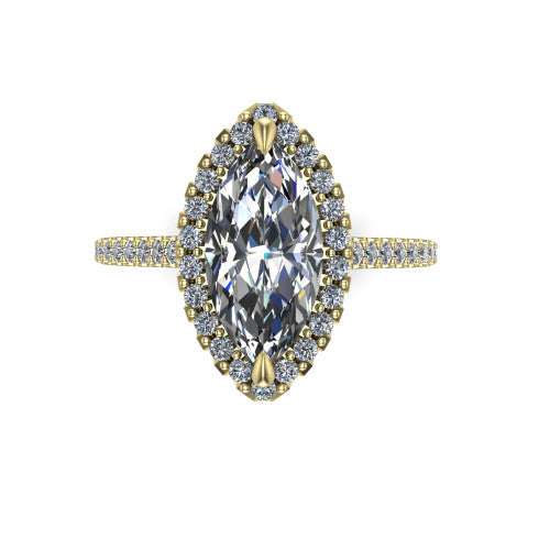 Birdie marquise halo engagement ring in 14K Yellow Gold, top-down view showing the center framed by a marquise pav&eacute; halo with compass prongs