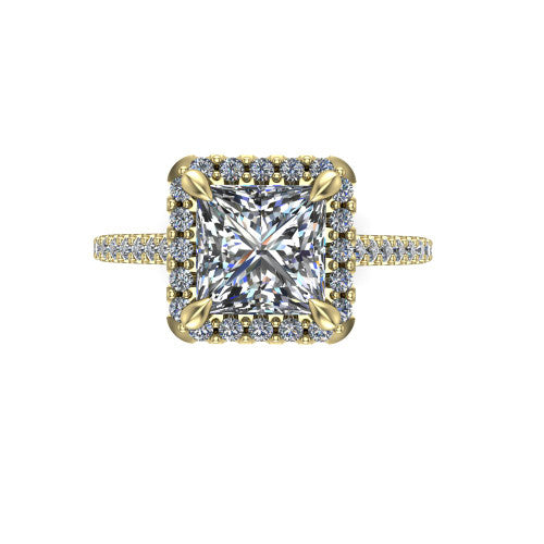 Birdie princess halo engagement ring in 14K Yellow Gold, top-down view showing the center framed by a square pav&eacute; halo with compass prongs