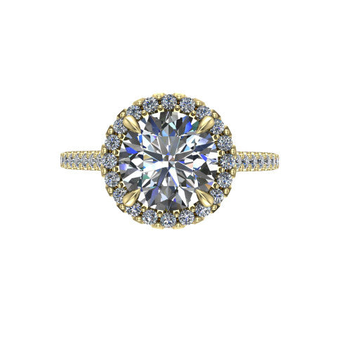 Birdie round halo engagement ring in 18K Yellow Gold, top-down view showing the center framed by a round pav&eacute; halo with compass prongs