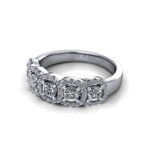 Shiloh cushion five stone halo band engagement ring in Platinum, three-quarter perspective showing the row of haloed diamonds across the band with milgrain edges