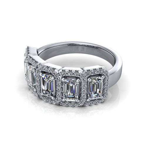 Shiloh emerald five stone halo band engagement ring in 14K White Gold, three-quarter perspective showing the row of haloed diamonds across the band with milgrain edges