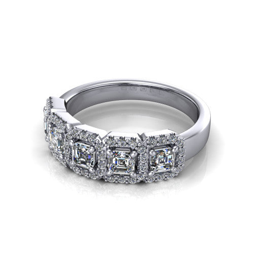 Shiloh square emerald five stone halo band engagement ring in Platinum, three-quarter perspective showing the row of haloed diamonds across the band with milgrain edges