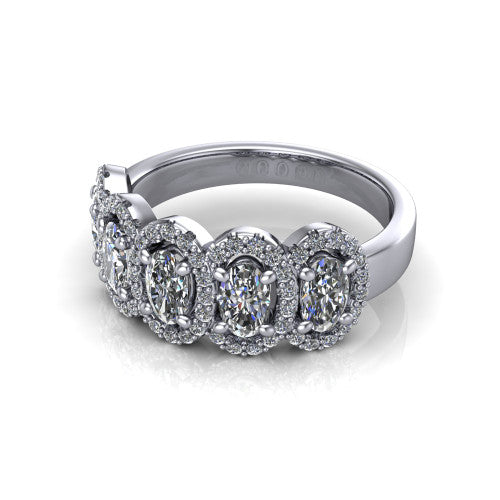 Shiloh oval five stone halo band engagement ring in Platinum, three-quarter perspective showing the row of haloed diamonds across the band with milgrain edges