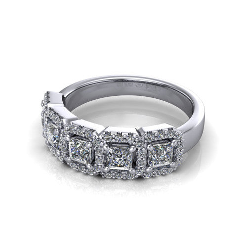 Shiloh princess five stone halo band engagement ring in 18K White Gold, three-quarter perspective showing the row of haloed diamonds across the band with milgrain edges