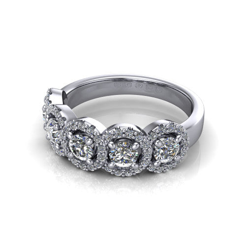 Shiloh round five stone halo band engagement ring in Platinum, three-quarter perspective showing the row of haloed diamonds across the band with milgrain edges