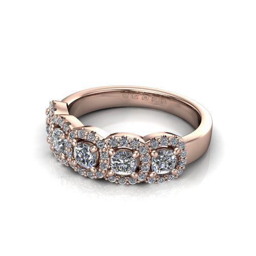 Shiloh cushion five stone halo band engagement ring in 18K Rose Gold, three-quarter perspective showing the row of haloed diamonds across the band with milgrain edges