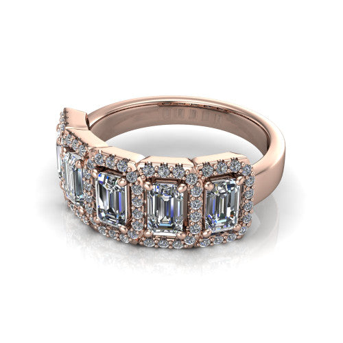 Shiloh emerald five stone halo band engagement ring in 14K Rose Gold, three-quarter perspective showing the row of haloed diamonds across the band with milgrain edges