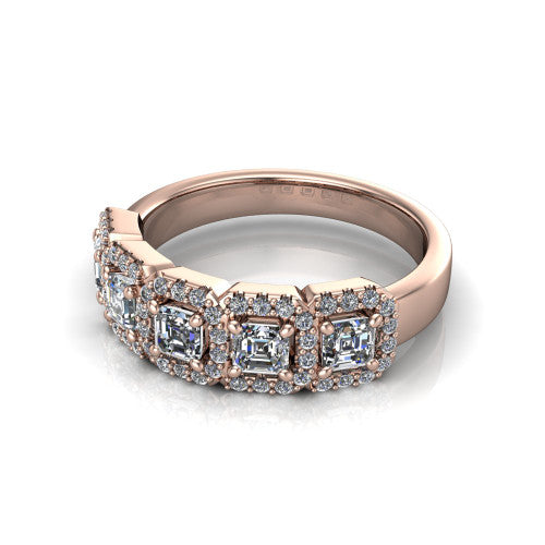 Shiloh square emerald five stone halo band engagement ring in 14K Rose Gold, three-quarter perspective showing the row of haloed diamonds across the band with milgrain edges
