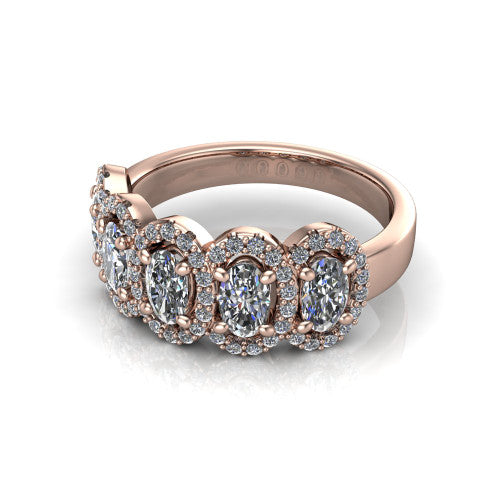 Shiloh oval five stone halo band engagement ring in 14K Rose Gold, three-quarter perspective showing the row of haloed diamonds across the band with milgrain edges