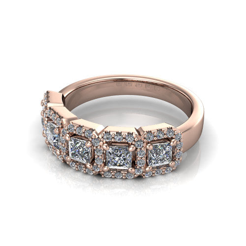 Shiloh princess five stone halo band engagement ring in 18K Rose Gold, three-quarter perspective showing the row of haloed diamonds across the band with milgrain edges