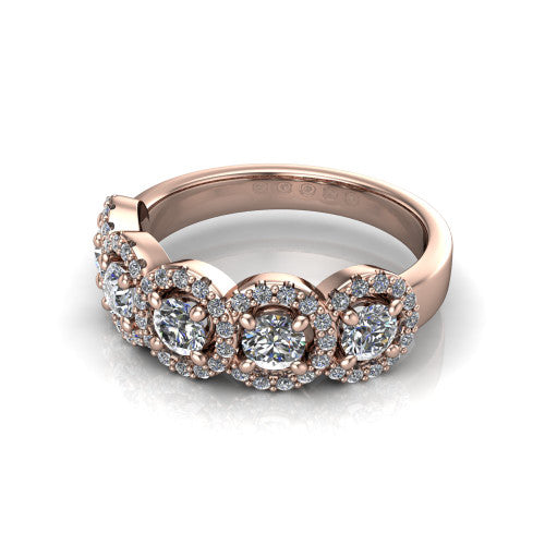 Shiloh round five stone halo band engagement ring in 18K Rose Gold, three-quarter perspective showing the row of haloed diamonds across the band with milgrain edges
