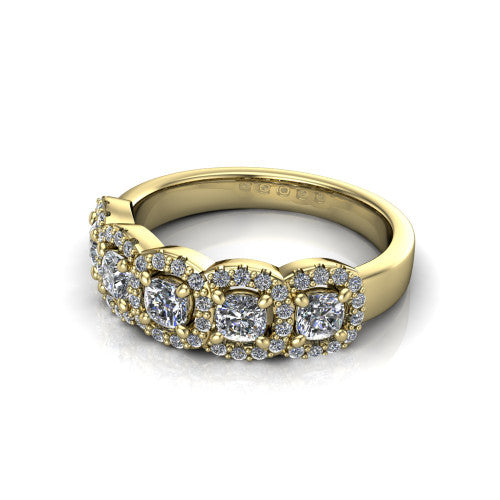 Shiloh cushion five stone halo band engagement ring in 14K Yellow Gold, three-quarter perspective showing the row of haloed diamonds across the band with milgrain edges