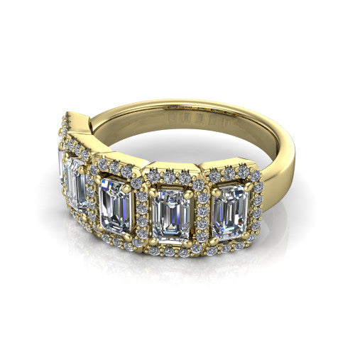 Shiloh emerald five stone halo band engagement ring in 14K Yellow Gold, three-quarter perspective showing the row of haloed diamonds across the band with milgrain edges