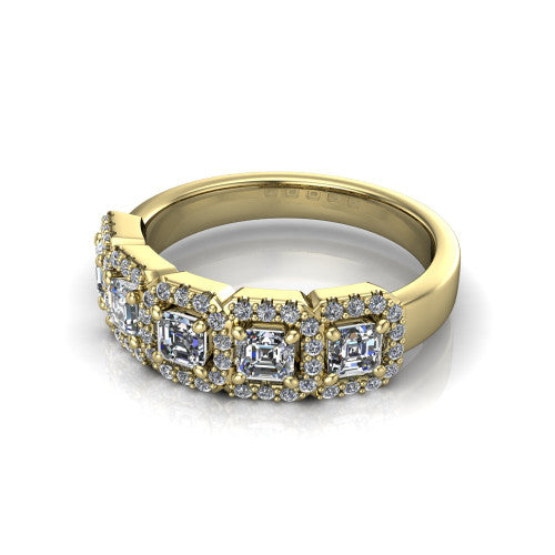 Shiloh square emerald five stone halo band engagement ring in 14K Yellow Gold, three-quarter perspective showing the row of haloed diamonds across the band with milgrain edges