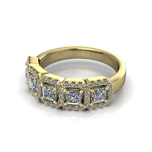 Shiloh princess five stone halo band engagement ring in 14K Yellow Gold, three-quarter perspective showing the row of haloed diamonds across the band with milgrain edges