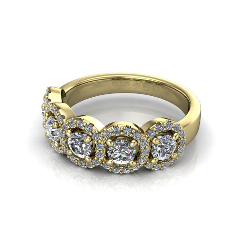 Shiloh round five stone halo band engagement ring in 18K Yellow Gold, three-quarter perspective showing the row of haloed diamonds across the band with milgrain edges