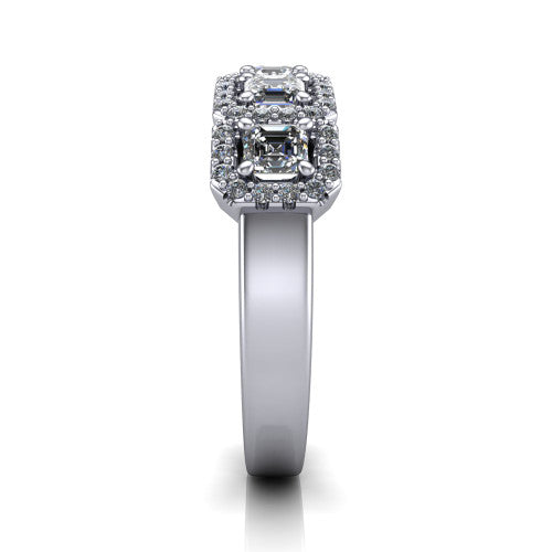 Shiloh square emerald five stone halo band engagement ring in 14K White Gold, side profile showing the milgrain halo band and the pav&eacute; shoulders in profile